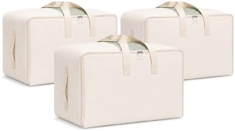 DoYiKe Soft Canvas Clothes Storage Bags with Four Carrying Handles and Clear Window, Closet Organizer for Clothing, Blankets Sheets and Bedding, 55L, 3 Pack, Beige by DoYiKe