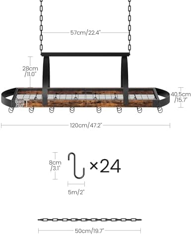 CHOEZON Hanging Pot Rack, Pot Hanger for Kitchen, Ceiling Mounted Pot Holder, Cookware Organizer with 24 S-Shaped Hooks, for Pot, Pan Storage, Space-Saving, Rustic Brown and Black TPR28BF - Image 5