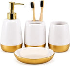 4-Piece Ceramic Bathroom Accessories Set, White and Gold Bathroom Set with Soap Dispenser, Toothbrush Holder, Tumbler and Soap Dish, Modern Vanity Countertop Decor by Unknown