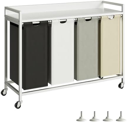 Herture Laundry Hamper with Shelf, Laundry Basket 4 Section, Laundry Sorter with Pull-Out Removable Large 4 Color Bags and Movable Wheels, Metal Frame, 4 x 15.87 Gallons (60L), White PF07XLE by Herture