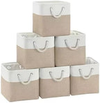 11x11 Inch Cube Storage Bins, 6 Pack Collapsible Fabric Storage Cubes with Rope Handles, Waterproof Foldable Storage Baskets for Cube Shelves, Closet, Clothes, Toys, Books, White & Beige Gold by MSHABOOR