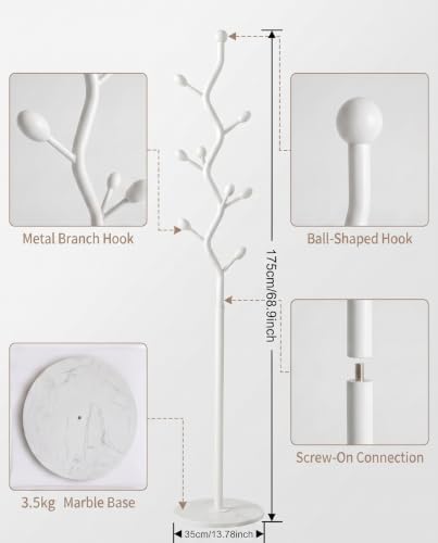 White Metal Freestanding Coat Rack & Coat Tree, Marble Base 9 Hooks - Image 2