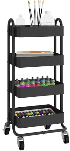 4-Tier Metal Rolling Cart with Wheels,4 Tier Utility Cart with Wheels for Office,Home,Kitchen,Garden（13.4"x18.1"x40"） Black by Elitehouse