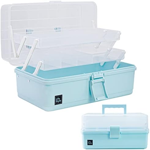 Creahaus 13 inch Art Craft Organizer Storage Box with 3 Layer, Multipurpose Plastic Tool Box with Handle for Sewing, Art Supply, Medicine, Nail, Hair Accessories (Blue) by Creahaus
