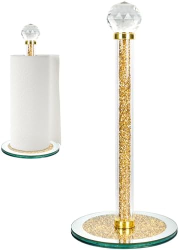 Paper Towel Holder Stand,Gold Countertop Paper Towel Roll Dispenser Holders with Round Base, Tissue Countert Filled with Crystal Sparkly Crushed Diamonds House Decor for Kitchen Bathroom，Heavy Weight by HomeandKitchenNO1