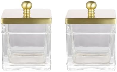 Glass Cotton Jar Holder 2 Pack– Brushed Gold Lid, Elegant Bathroom Storage Canister for Qtips, Cotton Balls, Floss, Makeup Organizer, Vanity & Bathroom Organization by IndecorHome