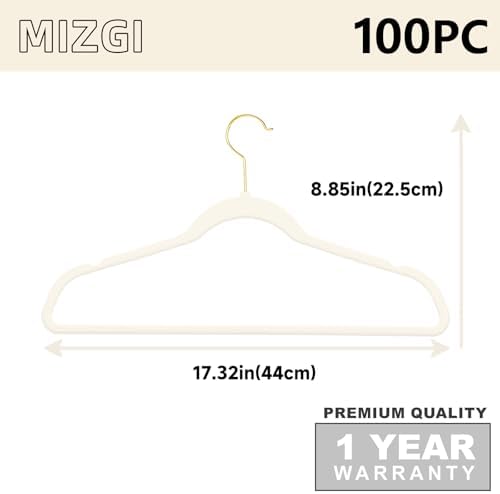 MIZGI Premium Velvet Hangers Pack 100 Pcs Heavyduty - Non Slip Slimline - Velvet Suit Hangers Ivory - Gold Hooks,Space Saving Clothes Hangers … - Image 2