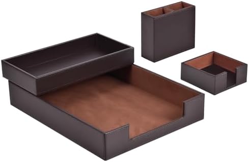 4 Pack Leather Office Supplies/Desk Organizer for Letter Paper Tray,Sticky Note Holder,Pen Cup,Stackable Small Letter Mail Sorter Tray,Workspace Decor for Women Men (Brown, 4-piece set) by RHCSZ