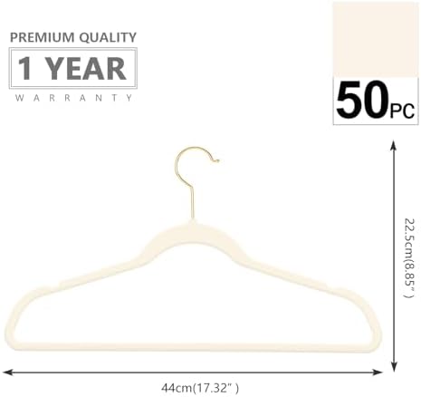 MIZGI Premium Velvet Hangers Pack 50 Pcs Heavyduty - Non Slip Slimline - Velvet Suit Hangers Ivory - Gold Hooks,Space Saving Clothes Hangers … - Image 2