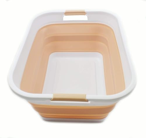 SAMMART 41L (10.8 gallon) Collapsible Plastic Laundry Basket - Foldable Pop Up Storage Container/Organizer - Portable Washing Tub - Water capacity: 32L (8.4 gallon) (Rectangular, White/Beige) by SAMMART