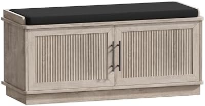 Akxomel 39.4" Fluted Shoe Storage Bench 2 Doors Wooden Entryway Bench Grey by Akxomel