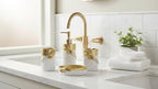Hymmah Bathroom Accessories Set,Golden Design Toothbrush Holder,Farmhouse Bathroom Decor,4 Pcs Resin Gift Set Apartment Necessities, Contain Toothbrush Cup,Soap Dispenser,Soap Dish,Tumbler - Image 5