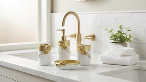 Hymmah Bathroom Accessories Set,Golden Design Toothbrush Holder,Farmhouse Bathroom Decor,4 Pcs Resin Gift Set Apartment Necessities, Contain Toothbrush Cup,Soap Dispenser,Soap Dish,Tumbler - Image 5