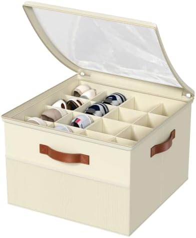 Shoe Organizer for Closet,2 Pack Foldable Shoe Storage Organizer Box Bin with Adjustable Dividers and Clear Cover, Fits up to 16-32 Pairs（Beige） - Image 4