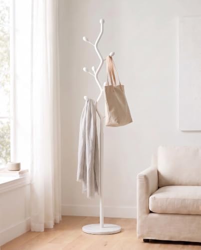White Metal Freestanding Coat Rack & Coat Tree, Marble Base 9 Hooks - Image 3