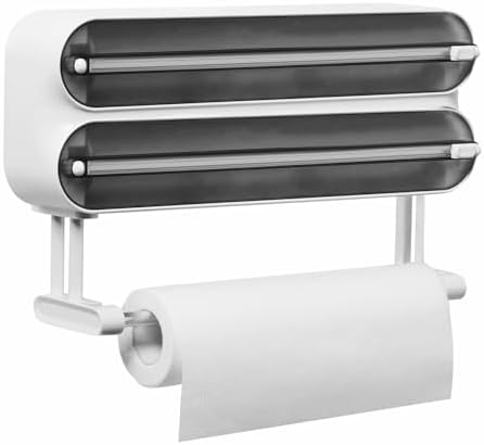 Magnetic Plastic Wrap Dispenser with Cutter - Refillable Tin Foil and Plastic Wrap Organizer for Kitchen, Aluminum Foil Dispenser with Paper Towel Holder Wall Mount - Fits 12" Roll, White by Quasziwa