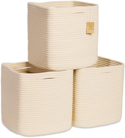 NaturalCozy Storage Cubes 11 Inch Cotton Rope Woven Baskets for Organizing, 3-Pack | Cube Storage Bin | Square Storage Baskets for Shelves Organizer, Classroom, Kids Toy Bins, Closet, Baby Nursery by NaturalCozy