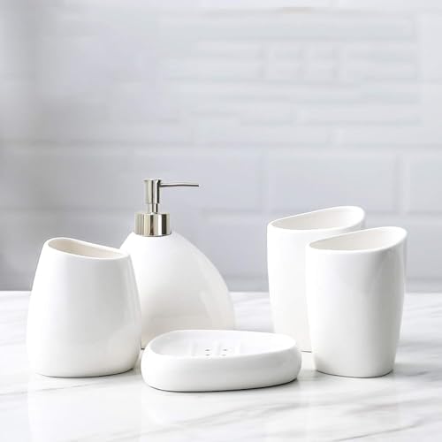 White Ceramic Bathroom Accessory Set, Bathroom Vanity Countertop Set, Bathroom Soap Dispenser and Toothbrush Holder Set Complete, 2 Tumbler Cup, Soap Dish, 5 Pieces by BLBYHO