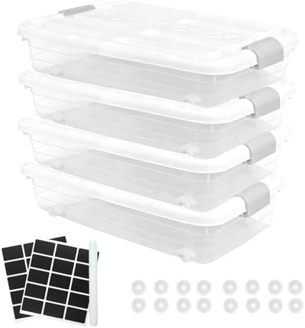 4 Pcs Plastic Under Bed Storage Containers with Handles and Lid Wheels, 23.7 x 15.8 x 4.8 Inch White clear Stackable Latching Container, Clothes Shoes Large Capacity Bins, for Bedroom Closet by UCEHIPAW
