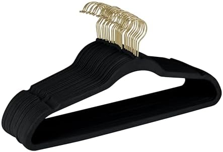 Simplify Slim Velvet Gold Hook Clothes Hangers 100 Pack | Non-Slip | Shirts | Suit | Pants | Dresses | Garments | Closet Storage & Organization | Durable | Black by Simplify