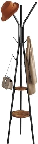 HOMEFORT Coat Rack, Coat Hanger Stand with 2 Shelves, Freestanding Hall Tree, Metal Hat Hanger with 12 Hooks for Clothes Hats and Scarves, Black and Rustic Brown,15.7" Wx15.7 Dx72.8H by HOMEFORT