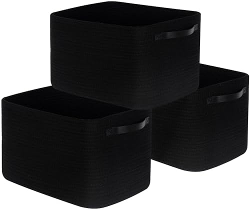 MINTWOOD Design 3-Pack Storage Baskets for Shelves, Decorative Baskets for Organizing, Woven Baskets for Storage, Book Basket Cube Bin Box, Pantry Closet, Shoe Organizer, Black / Black by MINTWOODDesign