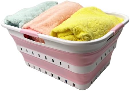 SAMMART 42L (11 gallon) Collapsible Plastic Laundry Basket - Foldable Pop Up Storage Container/Organizer - Space Saving Hamper/Basket (1, Wt/Cherry Pink) by SAMMART