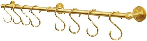 31 Inch Brass Pot Rack Wall Mounted, Kitchen Rail with Hooks for Pots, Pans, Mugs and Utensils, Segmented Wall Hanging Rack, Includes 8 S-Hooks by SRYBLT