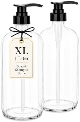 32-Ounce Pump Bottles, Large Clear Glass Boston Round Bottles w/Black Pumps. Great for Lotions, Laundry Soap Detergent, Oils, Sauces - Food Safe and Medical Grade - by kitchentoolz (Pack of 2) by KITCHENTOOLZ