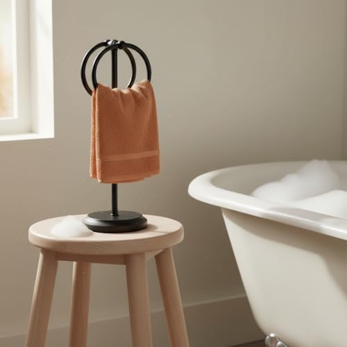 J&V TEXTILES Steel Towel Rack Holder Stand with 2 Hanging Rings for Bathroom Vanity Countertops - Space Saving Hand Towel Holder (Matte Black) - Image 7