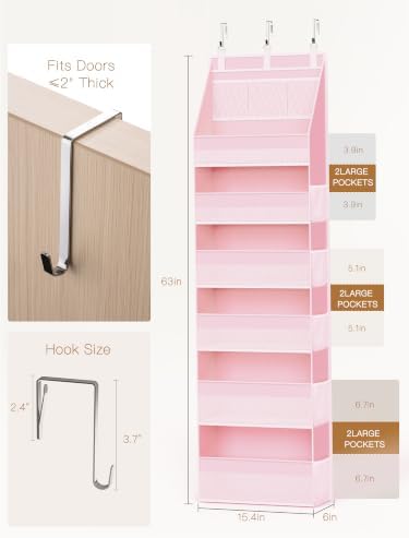 Criusia Over the Door Organizer, 6-Shelf Closet Hanging Storage with 13 Mesh Pockets, 55lbs Capacity Behind the Door Storage for Baby Nursery, Bathroom, Bedroom, and Dorm, Pink - Image 2