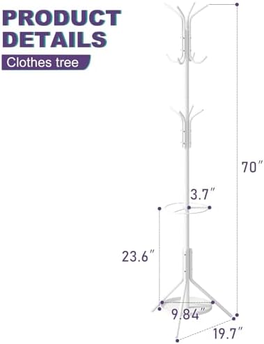Coat Rack Freestanding Entryway Hanger Stand, Umbrella Holder, Hall Tree With 12 Hooks, Floor Standing Metal Tree Stand, White - Image 2
