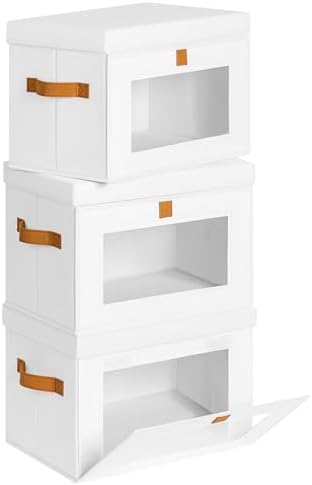 Homsorout Medium Fabric Storage Bins - Closet Shelf Organizer with Open Window, 3 Pack Closet Baskets for Shelves, Stackable Decorative Boxes for Home, Dorm, White, 13.7" x 9.8” x 9.8" by Homsorout
