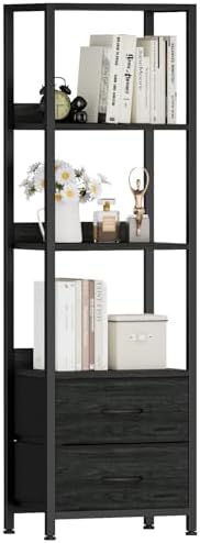 Furnulem 4 Tier Corner Shelf,Black Narrow Bookshelf with 2 Storage Drawers by Furnulem