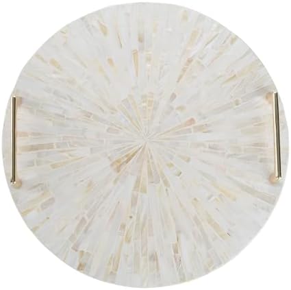 PEMAR Mother of Pearl Decorative Tray, 13" Round with Gold Metal Handles, Vanity/Perfume/Trinket Tray, Catchall for Dresser, Bathroom, Vanity Table (White Sunlight) by PEMAR