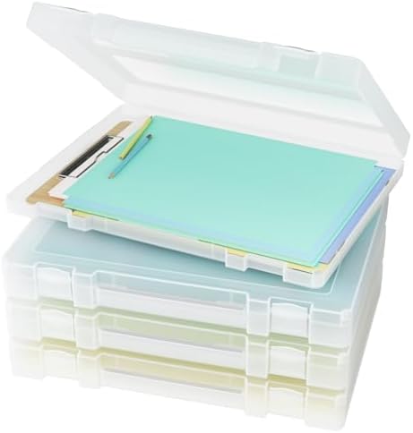 Denkee Large Paper Storage Box, 4 Pack Plastic Scrapbook Paper Storage Organizer with Handle for A4, 8.5 x 11 US Letter, Portable File Document Case, Board Game Storage by Denkee