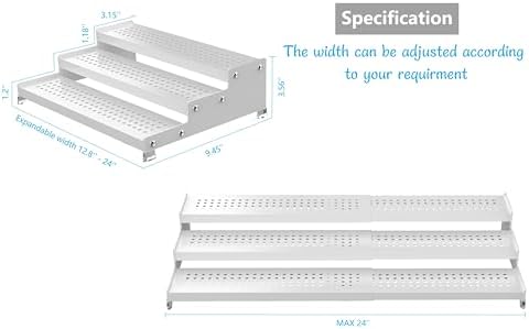 Jojocross Spice Rack Organizer for Cabinet, 3 Tier Expandable shelf, Great for Kitchen Cabinets, Cupboard,Pantry and more,Metal plate with hole (1 Pack/White,9.45" D x 12.8"~24“L x 3.56" H) - Image 5