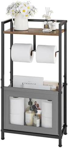Toilet Paper Holder Free Standing with Storage Basket, Bathroom Tissue Holder Stand with Top Wood Shelf for Phones, Wet Wipes, Small Plants, Metal Toilet Paper Rack for Bathroom Organizer, Black by Unknown
