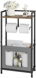 Toilet Paper Holder Free Standing with Storage Basket, Bathroom Tissue Holder Stand with Top Wood Shelf for Phones, Wet Wipes, Small Plants, Metal Toilet Paper Rack for Bathroom Organizer, Black by Unknown