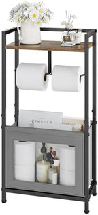 Toilet Paper Holder Free Standing with Storage Basket, Bathroom Tissue Holder Stand with Top Wood Shelf for Phones, Wet Wipes, Small Plants, Metal Toilet Paper Rack for Bathroom Organizer, Black by Unknown