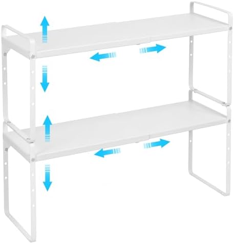 15.5 to 25.5 Inch Expandable Kitchen Cabinet Organizer Shelf, 30 LBS Heavy Duty Stackable Kitchen Counter Storage Shelves Organizers, 2 Pack Adjustable Small Storage Shelf Rack For Cabinet Cupboard by X-cosrack