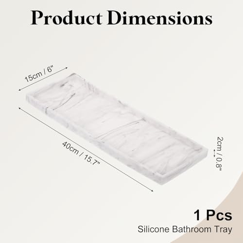uxcell Bathroom Vanity Tray, 15.7" x 6" Silicone Soap Dispenser Trays, Shatterproof Kitchen Sink Organizer for Soaps Keys Candle Trinket, Marble White - Image 2
