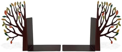 Tree Bookends with Autumn Leaves - Steel with Matte Black Epoxy Coating - Decorative Pair of Book Holders for Shelves, Desk, and Office - Black with Colorful Accents – Geguton - Image 4
