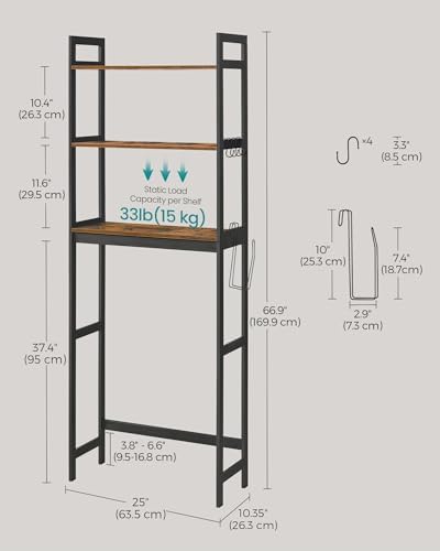 SONGMICS 3-Tier Bamboo Over The Toilet Storage, Adjustable Shelf, 66.9''H - Image 3