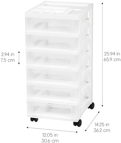 IRIS USA Plastic Drawer Storage Organizer Rolling Cart, 2-Pack, with Wheels Casters, 6-Drawers, for Classroom Art Craft Supplies Dresser Closet Bathroom Laundry Room, White/Clear - Image 3
