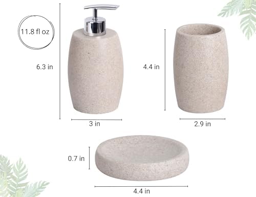 Clasin Home Beige Bathroom Accessories Set 3 PC, Resin Sandstone Look Soap Dispenser, Toothbrush Cup, Soap Dish, Bathroom Soap Dispenser Set for Home Decor and Kitchen - Image 6