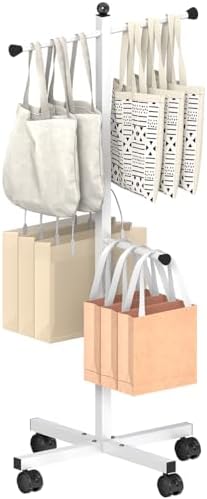 43-49 Inch Adjustable Shopping Bag Rack with Wheel, Heavy Duty Metal T-shaped Grocery Bag Holder for Retail Stores, Large Bag Display Stand for Malls,Vendor,Boutique,Trade Show, 4 Arms,White by Ansionsol