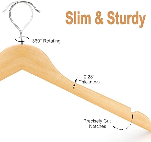 TOPIA HANGER Wooden Hangers 48 Pack, 0.28-inch Slim & Durable Clothes Hangers Space Saving, Natural Wood Hanger with 360°Swivel Hook and Non-Slip Shoulder Notches for Coat,Shirt,Camisole,DressCT51N48 - Image 2