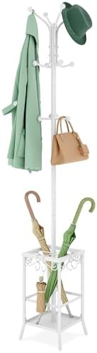 Hoctieon Coat Rack Freestanding, Coat Tree with Umbrella Holder, Metal Coat Rack Stand with 12 Hooks, Standing Coat Hanger Stand, Umbrella Stand for Entryway, Hat Rack Stand for Home Office, White by Hoctieon