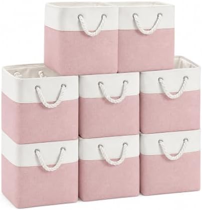 11x11 Inch Cube Storage Bins, 8 Pack Collapsible Fabric Storage Cubes with Rope Handles, Waterproof Foldable Storage Baskets for Cube Shelves, Closet, Clothes, Toys, Books, White & Pink by MSHABOOR